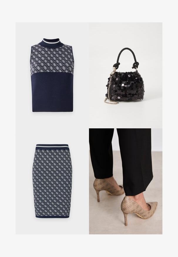Pull sans manches bleu marine avec un col montant, présentant un motif géométrique blanc sur la partie supérieure et une partie inférieure unie bleu marine.; Jupon en tricot bleu marine et blanc avec un motif géométrique en losanges. Il dispose d'une taille élastique rayée et d'une texture lisse.; Chaussures à talons hauts beiges en tissu texturé avec un motif répétitif. Design à bout pointu avec un accent à l'arrière et détail de talon doré.; Mini sac à main en sequins noirs avec une bandoulière texturée nouée et une chaîne argentée. Forme arrondie avec un haut froncé et des détails réfléchissants.