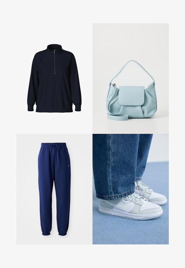 Marineblå hettegenser med høy krage, halv glidelås foran og raglanermer. Myk stoffkvalitet med avslappet passform og ribbestrikkede mansjetter.; Mørkeblå joggebukser laget av mykt stoff, med elastisk linning med snøring, elastiske mansjetter og en liten hvit logo.; Nike-sko i hvit og lys grå lær med perforert tå, flate lisser og gummisåle, sammen med blå denimjeans.; Lys blå lærveske med topphåndtak, frontlomme med klaff og avtagbar håndleddsstropp på hvit bakgrunn.