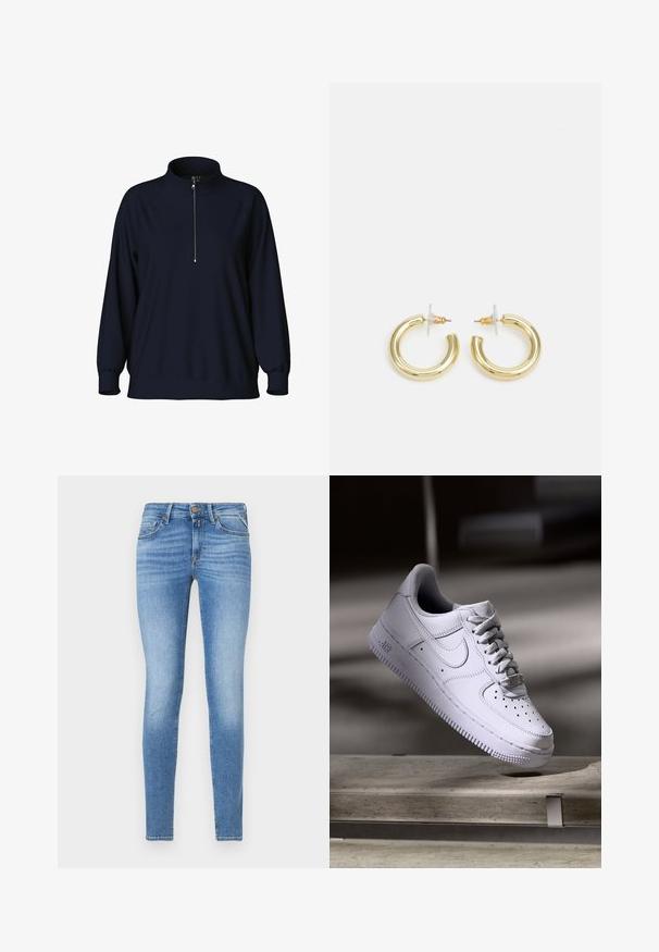 Tengerészkék pulcsizó, magas gallérral, fényzippel az elején és raglán ujjakkal. Puha anyag, lazább fazon, bordás mandzsettákkal.; Vékony fit világoskék farmernadrág, közepes derekú, elöl gombbal, öt zsebes kialakítással.; Fehér Nike Air Force 1 sportcipő lebeg egy betonfelület felett árnyékokkal, minimalista környezetben.; Arany fülbevalók sima, fényes felülettel. Kör alakú dizájn, amely kis kapoccsal és átlátszó tartozékkal rendelkezik a biztonságos viselés érdekében.