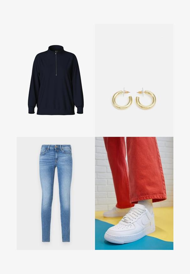 Sweatshirt azul-marinho com gola alta, fecho de meio zíper na parte da frente e mangas raglã. Tecido macio com um ajuste descontraído e punhos canelados.; Jeans de ganga azul claro, slim-fit, com cintura média, botão frontal e design de cinco bolsos.; Sapatilha de couro branca com biqueira perfurada, sola texturizada e atacadores brancos, combinada com calças largas vermelhas e um fundo azul e amarelo.; Brincos em argola dourados com um acabamento liso e brilhante. Design circular com um pequeno pino e suporte transparente para um uso seguro.