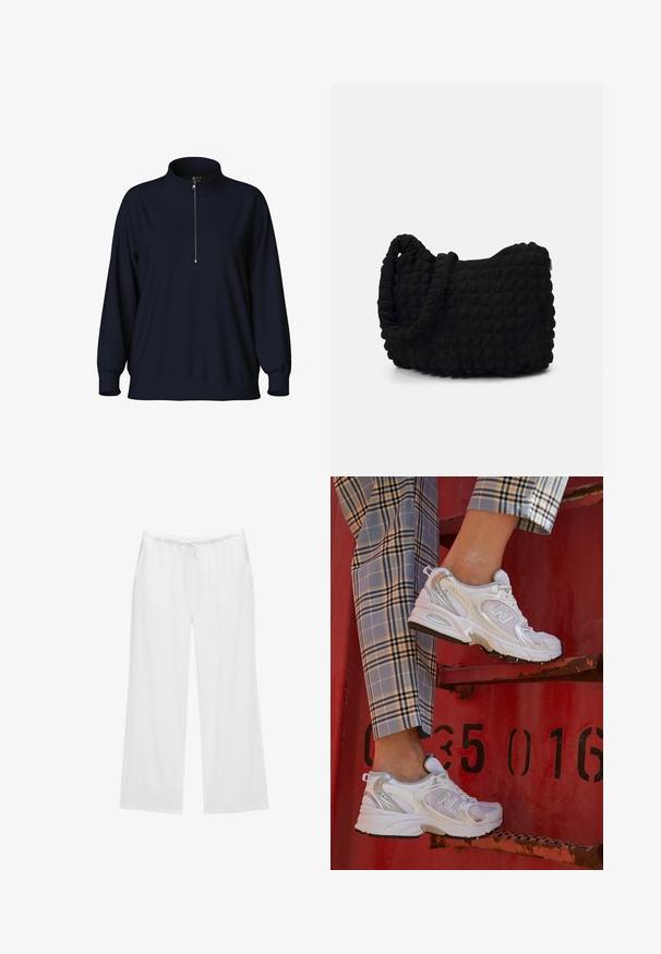 Marinblå pullovertröja med hög krage, halv dragkedja fram och raglanärmar. Mjuk tyg med avslappnad passform och ribbade ärmslut.; Vita vida byxor i mjukt tyg, med resårlinning och dragsko samt två sidofickor. Enkel och ren design.; Vita nät-sneakers med silverdetaljer och en texturerad sula, placerade på en röd yta, tillsammans med rutiga byxor.; Svart tygväska med en strukturerad, vadderad yta. Rund form, korta, tjocka handtag och en mjuk, flexibel struktur.