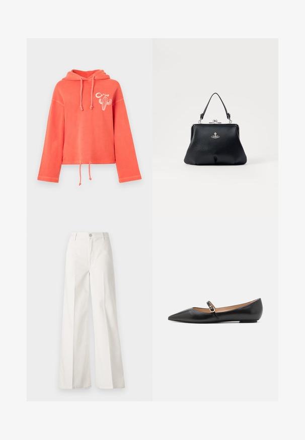 Coral cropped hoodie made of soft fabric, featuring a drawstring hood, cuffed long sleeves, and a cactus graphic on the front.; White wide-leg trousers made from cotton with a smooth texture. Features a front button, zipper fly, and four-pocket design.; Black leather ballet flats with a pointed toe and a side strap featuring a circular gold accent. Lightweight with a flat sole.; Black leather handbag with a textured surface, silver hardware, clasp closure, and a short handle for carrying. Compact and structured design.