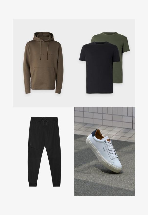 Brun huvtröja med dragsnören, framficka av kanguru-modell och en tryckt logotyp i svart över bröstet. Mjuk tygtextur.; Två crew-neck t-shirts i svart och olivgrön, tillverkade av mjukt bomullstyg. Designen är enkel med korta ärmar och rak passform.; Svarta träningsbyxor i texturerad tyg, med justerbart midjeband, ficka med dragkedja på sidan och avsmalnande muddar.; Vita lädersneakers med en marinblå häl, rund tå och kontrasterande bruna detaljer. Har plana snören och en texturerad gummisula.