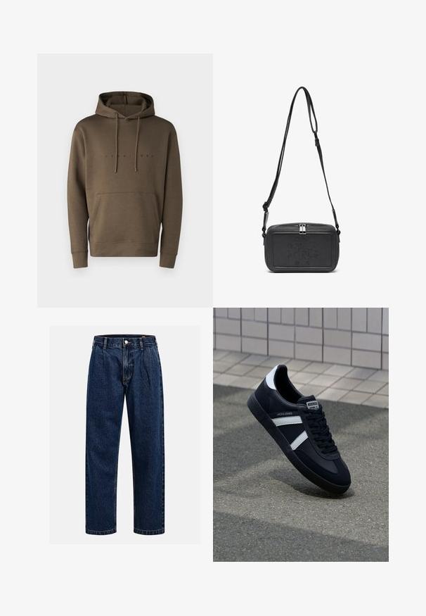 Brown hooded sweatshirt with drawstrings, front kangaroo pocket, and a printed logo in black across the chest. Soft fabric texture.; Dark blue denim jeans with a straight-leg design. Features visible stitching, a button closure, and front pleats for added detail.; Black leather sneaker with white stripes, textured rubber sole, and lace-up front. Features a branded label on the tongue.; Black leather crossbody bag with a zip closure, embossed logo on the front, and adjustable strap. Smooth texture with a rectangular shape.