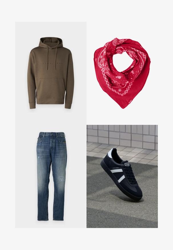 Bruine hoodie met koordjes, voorzak met kangaroo-stijl en een zwart gedrukt logo over de borst. Zachte stoffen textuur.; Denim jeans in een vervaagde blauwe kleur, met een recht model, gematigde beschadigingen aan de voorkant en een klassieke vijf-pocket stijl.; Zwarte leren sneaker met witte strepen, een gestructureerde rubberen zool en vetersluiting aan de voorkant. Voorzien van een merklabel op de tong.; Rode bandana-sjaal van katoen, met witte paisley- en stippenpatronen, in een driehoekige vorm en met een label in de rechter benedenhoek.