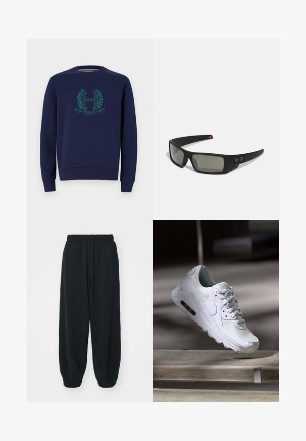 Marineblå sweatshirt laget av bomull, med et hevet grønt logo med et "H" og laurbærakenter. Klassisk rund hals og tettsittende mansjetter.; Sorte, joggebukser med elastisk liv, løs passform, mansjetter på ankler, glatt tekstur og uten synlige mønstre eller hardware-detaljer.; Hvit Nike Air Max 90 sneakers med øvre del laget av mesh og skinn, perforert tåboks og en synlig luftenhet i hælen.; Sorte solbriller med mat finish, rektangulære linser, lett kurv på brillestengene, diskret logo detaljer, og røyktinted linser.