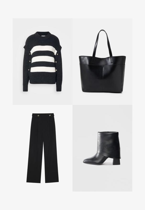 Fekete-fehér csíkos pulóver bordázott textúrával, magas nyakkal és díszítő gombokkal az oldalon.; Fekete, bő szárú nadrág magas derékkal, gombos részletekkel a derékrészen és elülső pliszékkal.; Fekete bőr bokacsizma, hegyes orral, sima felülettel és strukturált blokk sarokkal. Magas, hajtott szegéllyel rendelkezik.; Fekete bőr bevásárlótáska két hosszú fogantyúval, sima felülettel és strukturált formával. Elülső zseb található rajta a plusz tárolás érdekében.