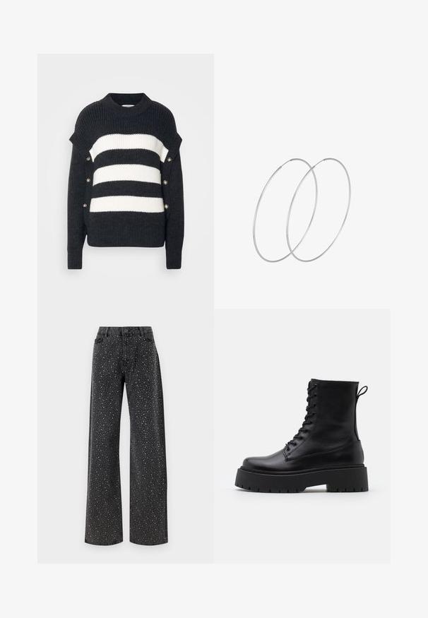 Črno-bela prugasta jopica z rebrasto teksturo, ki ima visok ovratnik in dekorativne gumbne detajle ob strani.; Noisy May NMJANNEL LOOSE - Široke kavbojke - black denim; Črne usnjene gležnjarje z okroglo konico, vezalnim sprednjim delom in debelim gumijastim podplatom z teksturiranim profilom. Zanka na hrbtni strani.; Srebrne uhane v obliki obroča z minimalističnim dizajnom. Krožna oblika, gladka tekstura in tanek profil. Lahki s poliranim zaključkom.