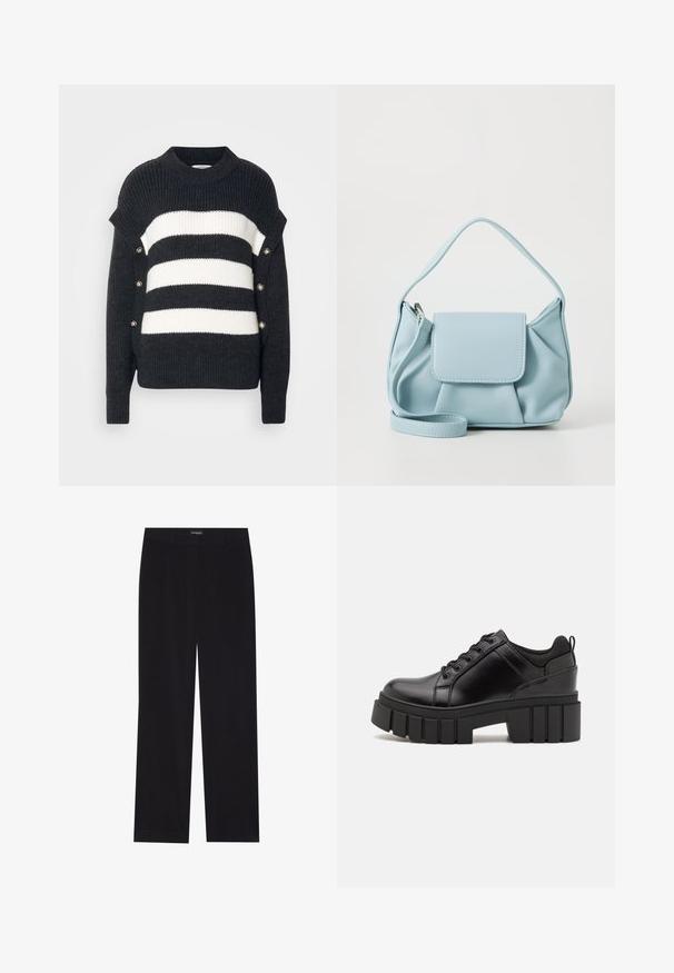 Black and white striped sweater with a ribbed texture, featuring a high neck and decorative button accents on the side.; Black corduroy trousers with a straight cut, featuring a flat waistband and no visible pockets, smooth texture, and vertical ribbing detail.; Black leather platform shoes with a chunky block heel, round toe, and traditional lace-up design. Features smooth texture and minimal detailing.; Light blue leather handbag with a top handle, front flap pocket, and detachable wrist strap on a white background.