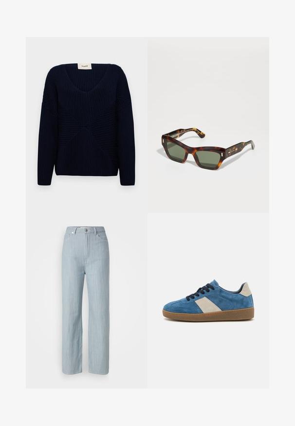Tummansininen neulepaita V-päällä, jossa on tekstuurisia ribbipintoja ja geometrisia kuvioita edessä.; Vaaleansiniset suorat farkut, jotka on valmistettu denimistä. Sisältää viisi taskua, metallinappikiinnityksen ja hienovaraisen kulutustekstuurin.; Sinine sametine tennisaking, millel on beež nahast aktsent, tumedad paelad ja tekstureeritud kummitald; madal profiil ja ümar varvas.; Kameleontin kuorilla varustetut aurinkolasit, joissa on suorakulmaiset vihreät linssit. Paksussa kehykessä on kultaisia korostuksia templessa. Sujuva pinta ja kulmikas muotoilu.