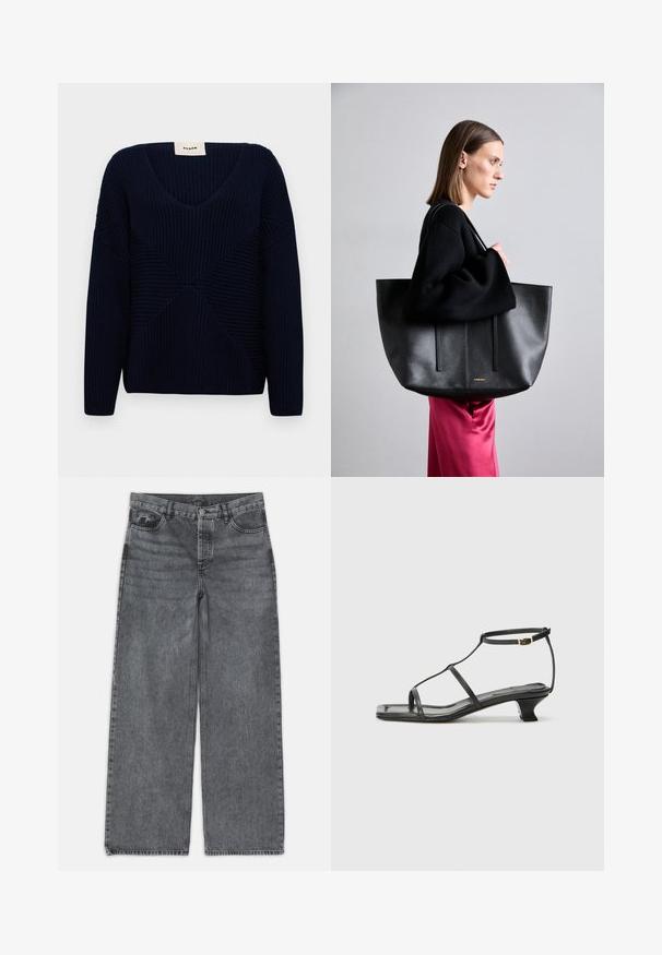 Navy blue knitted sweater with a V-neck, featuring textured ribbed patterns and geometric design detailing across the front.; Wide-leg jeans in dark gray denim. Features a high waist, five-pocket design, and front button closure. Smooth texture with subtle fading.; Black leather sandal with a square toe, thin straps, adjustable ankle strap, and a low heel. Features a small gold accent on the strap.; Black leather tote bag with a textured finish, featuring two vertical lines, dual shoulder straps, and a minimalist design.