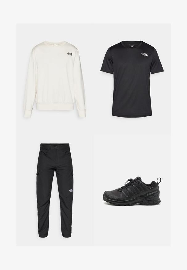 Witte sweatshirt van zachte stof, met een ronde hals, lange mouwen, geribbelde manchetten en een zwart logo op de linkerborst.; Zwarte T-shirt met korte mouwen van gestructureerde stof, voorzien van een klein wit logo op de bovenste linkerborst, rond de hals.; The North Face HORIZON PANT - Outdoorbroeken - black; Zwarte sportieve schoen met een gestructureerde synthetische bovenkant, een gevoerde zool en een snelvetersysteem. Heeft een verstevigde neus en hiel.
