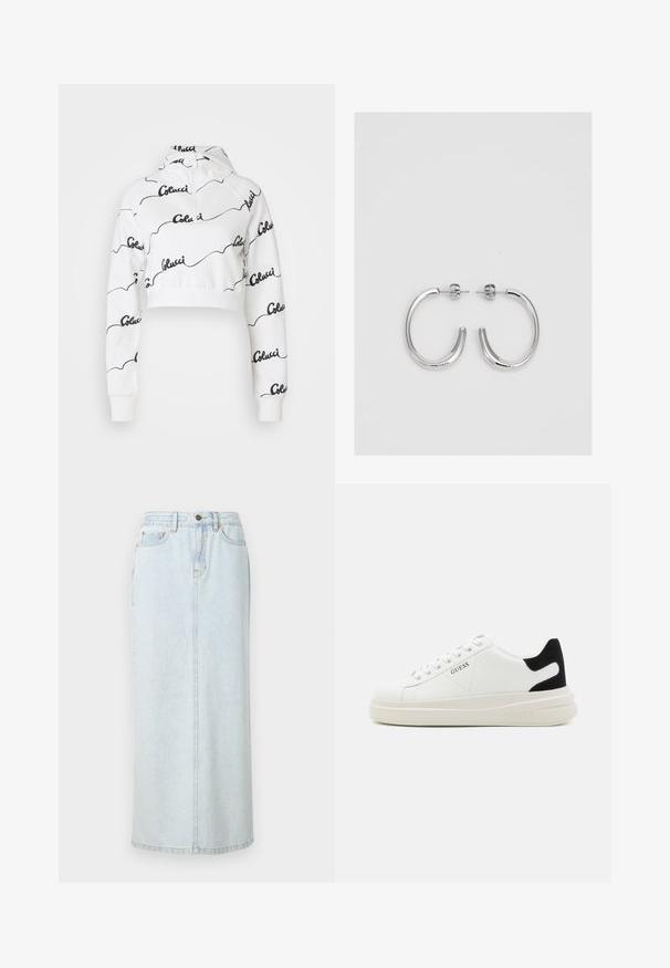 Sudadera corta blanca fabricada con un tejido suave, que presenta un patrón de logotipo en script negro en todo su diseño. Incluye una capucha con cordón y puños acanalados.; Falda maxi de mezclilla azul claro con diseño recto, cierre de botones en la parte frontal y costuras visibles. Cuenta con dos bolsillos frontales.; Zapatillas blancas de cuero con una suela blanca gruesa, acento en el talón de ante negro y logo grabado en el lateral. Diseño de cordones con seis ojales.; Aros de plata en forma de aro con un acabado liso y brillante. Diseño redondeado y ligero, con cierre de tipo post-back.