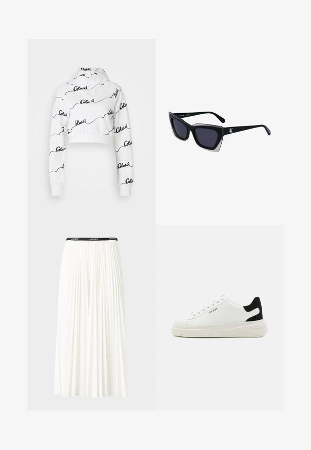 Hoodie bianco tagliato, realizzato in morbido tessuto, con un motivo di logo in scrittura nera su tutta la superficie. Include un cappuccio con cordino e polsini a costine.; Gonna bianca plissettata con elastico nero in vita che presenta il logo "LACOSTE". Design di lunghezza media con texture morbida.; Sneaker bianchi in pelle con suola spessa bianca, accento in suede nero sul tallone e logo impresso sul lato. Design con lacci e sei fori per i lacci.; Occhiali da sole oversize neri dalla forma geometrica, con lenti scure e un dettaglio grigio a contrasto sulla montatura. Logo sul braccio.