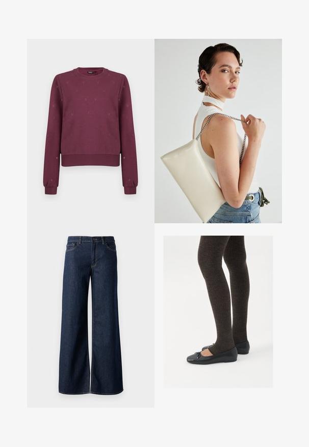 Viininpunainen crewneck-sweatshirt, jossa on pieniä hienovaraisia sydänkuvioita, ribbestä hihansuissa ja helmassa, esiteltynä yksinkertaisella taustalla.; Suorat lahkeet farkut tummansinisestä denimmistä. Ominaisuuksiin kuuluvat kontrastiväriset ompeleet, viisi taskua ja nappisuljenta vyötäröllä. Sileä pinta.; Mustat matalat kengät, joissa on pieni nauha varpaissa, yhdistettynä tummanruskeisiin ribattuisiin sukkahousuihin. Kengissä on sileä pinta ja matala profiili.; Valkoinen suorakulmainen clutch-laukku, joka on valmistettu kiiltävästä materiaalista ja jossa on hopeinen ketjuolkahihna. Malli poseeraa laukku käsivarsillaan yksinkertaista taustaa vasten.