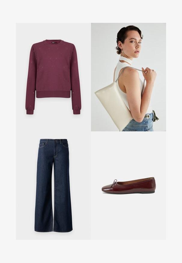 Tumši sarkans džemperis ar apaļu kaklu, ar maziem, smalkiem sirds rakstiem, ribotām aprocēm un apakšmalu, izvietots uz vienkārša fona.; Platas kājas džinsi tumši zilā denima krāsā. Iespējas ir kontrastējošās vīles, piecas kabatas un pogu aizdare jostasvietā. Gluda tekstūra.; Burgundijas laku ādas baleta kurpes ar noapaļotu purngalu, nelielu loku akcentu priekšā un zemu melnu gumijas zoli. Gluda tekstūra.; Balts taisnstūra clutch soma, izgatavota no spīdīga materiāla, ar sudraba ķēdes siksnu. Modelis pozē, demonstrējot somu uz vienkārša fona.