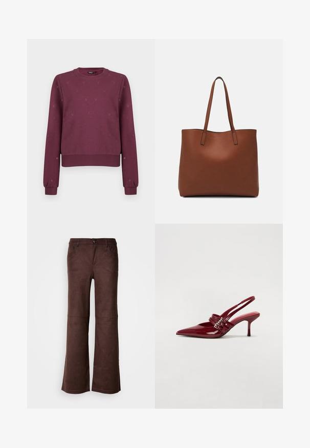 Maroon crewneck sweatshirt with small subtle heart patterns, ribbed cuffs, and hem, displayed on a plain background.; Brown flared pants in a soft, suede-like fabric. Features four pockets, a button fastening, and a smooth, textured surface.; Red patent leather slingback heels with a pointed toe, two buckle straps, and a slim, mid-height stiletto heel. Smooth texture.; Brown leather tote bag with a smooth texture, open top design, and two shoulder straps. Features minimal stitching and no visible hardware.