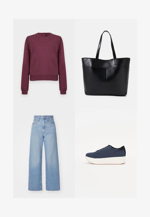 Sudadera de cuello redondo en color burdeos con pequeños patrones de corazones sutiles, puños y dobladillo acanalados, presentada sobre un fondo liso.; Jeans de tiro alto y pernera ancha en azul claro, con cierre frontal de botón y cremallera, y bolsillos delantero y trasero, sobre un fondo blanco.; Zapatilla de color azul marino con parte superior de tejido texturizado, suela de plataforma blanca, punta redondeada y acento en el talón negro. Cuenta con seis ojales para los cordones.; Bolso tote de cuero negro con dos asas largas, textura suave y forma estructurada. Cuenta con un bolsillo frontal para almacenamiento adicional.