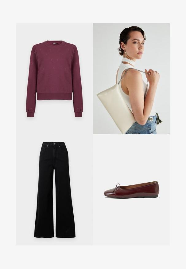 Burgunderfarget crewneck sweatshirt med små subtile hjerte mønstre, ribbestrikkede mansjetter og kant, vist på en ensfarget bakgrunn.; Svarte vidbukse jeans laget av denim, med høyt liv, fem lommer, knapplukking foran og minimale sømdetaljer.; Burgunderrød lakk lær ballettleilighet med rund tå, liten sløyfe foran og en lav, svart gummisåle. Glatt tekstur.; Hvit rektangulær clutch-veske laget av blankt materiale, med en sølvkjede-stropp. Modellen poserer og viser vesken mot en ensfarget bakgrunn.