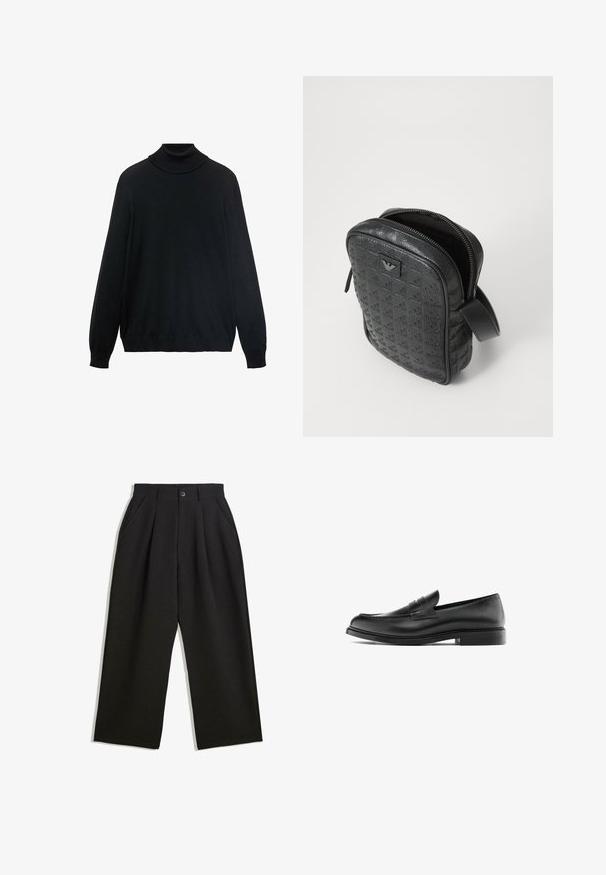 Schwarzer Rollkragenpullover mit engem Kragen, langen Ärmeln und gerippten Bündchen und Saum. Hergestellt aus weichem, dehnbarem Stoff mit glatter Textur.; Schwarzes Baumwoll-T-Shirt mit klassischem Rundhalsausschnitt, kurzen Ärmeln und lockerer Passform. Glatte Textur, keine Muster oder Verzierungen.; Schwarze Hose mit lockerem Schnitt, mit Falten an der Vorderseite, Seitentaschen und einem Knopfverschluss. Hergestellt aus strukturiertem Stoff.; Schwarzer Leder-Pennyloafer mit niedrigem Absatz, runder Zehenform und gesticktem Detail entlang des Oberleders, seitlich auf einem weißen Hintergrund dargestellt.; Schwarz, strukturiert, Lederhandtasche mit geometrischem Muster, rechteckiger Form, oberem Reißverschluss und kurzem Tragegriff. Verfügt über ein Logo-Patch auf der Vorderseite.