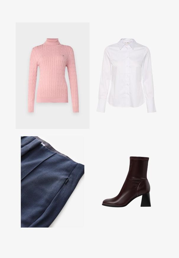 GANT TURTLENECK - Striktrøje - dusty pink; Hvid langærmet skjorte med klassisk krave, knaplukning foran og lige kant. Fremstillet af glat stof med et ensfarvet design.; Mørkeblå bukser i tekstureret stof, med en sidelomme med lynlås og plisseret detaljering ved taljen.; Stradivarius BLOCK - Støvletter - dark red