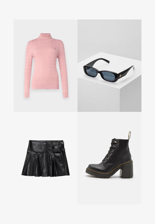 GANT TURTLENECK - Svetr - dusty pink; Černá kožená sukně s sklady, širokým pasem a dvěma přezkami na boku. Hladká textura s lesklým povrchem.; Černé kožené kotníkové boty s robustním vysokým podpatkem, šněrováním vpředu, kovovými očky a žlutým prošíváním podél podrážky. Texturovaná gumová podrážka.; Černé obdélníkové sluneční brýle s tónovanými modrými skly, silnými rámy a zlatým kulatým akcentem na straně. Hladký, lesklý povrch.; Burgundská kabelka vyrobená z umělého materiálu se strukturovaným designem, která má odnímatelný popruh a kroužek, na kterém je uvázaný šátek s květinovým vzorem.