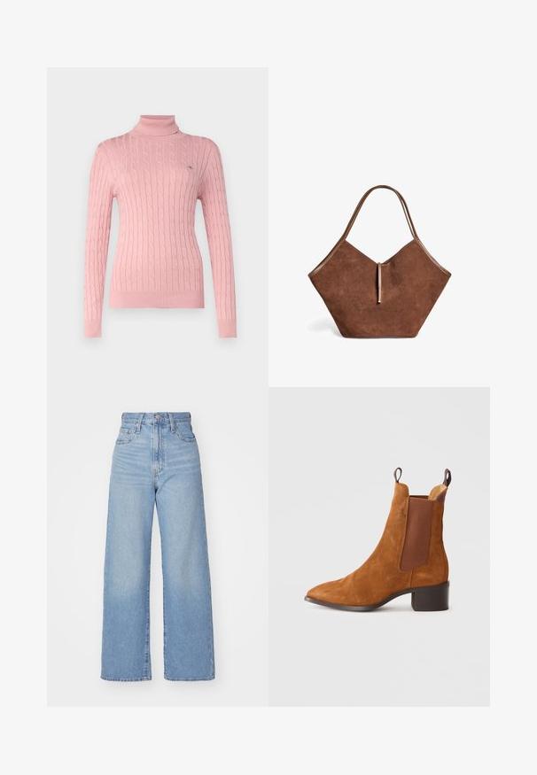 GANT TURTLENECK - Trui - dusty pink; Lichtblauwe high-waist wijde jeans met een knoop- en ritssluiting aan de voorkant, voor- en achterzakken, op een witte achtergrond.; Bruine suède enkellaarsjes met een spitse neus, elastische zijpanelen en een laag blokhak. Heeft trekflappen voor gemakkelijk aan- en uittrekken.; Bruine suède tote bag met leren accenten en een dunnere sluiting, met een zachte, brede en iets hoekige vorm.
