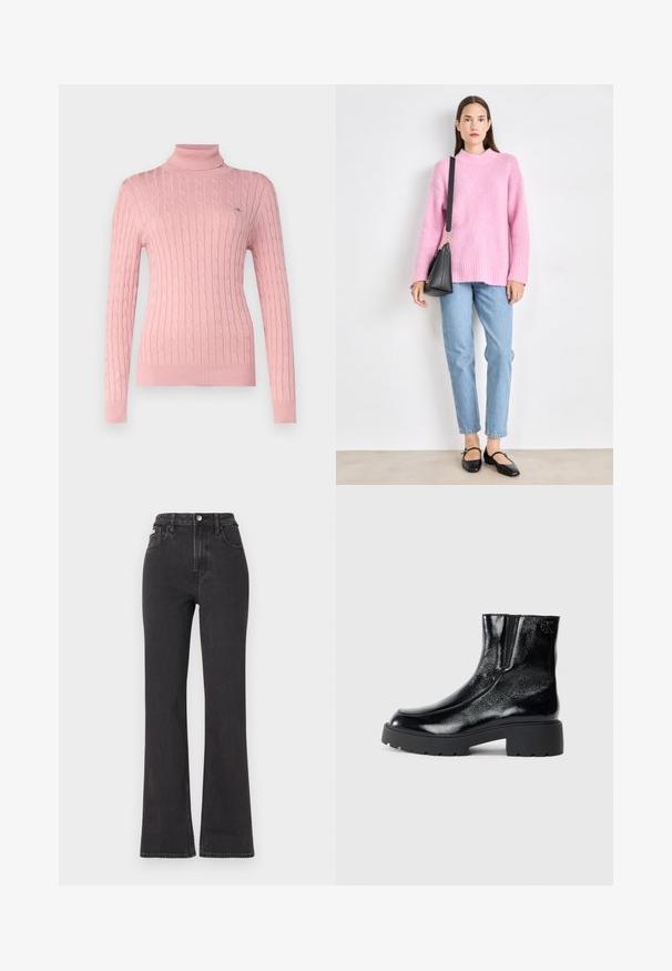 GANT TURTLENECK - Jumper - dusty pink; Black high-waisted flared jeans made of denim, featuring a button closure, belt loops, and side pockets. Smooth texture with minimal fading.; Black ankle boots with a glossy patent leather finish, chunky black rubber sole, and raised heel; includes subtle logo detail on the side.; Pink fuzzy sweater with high neck, light blue jeans, and black flats. The sweater has a relaxed fit and ribbed cuffs. Black handbag with strap.