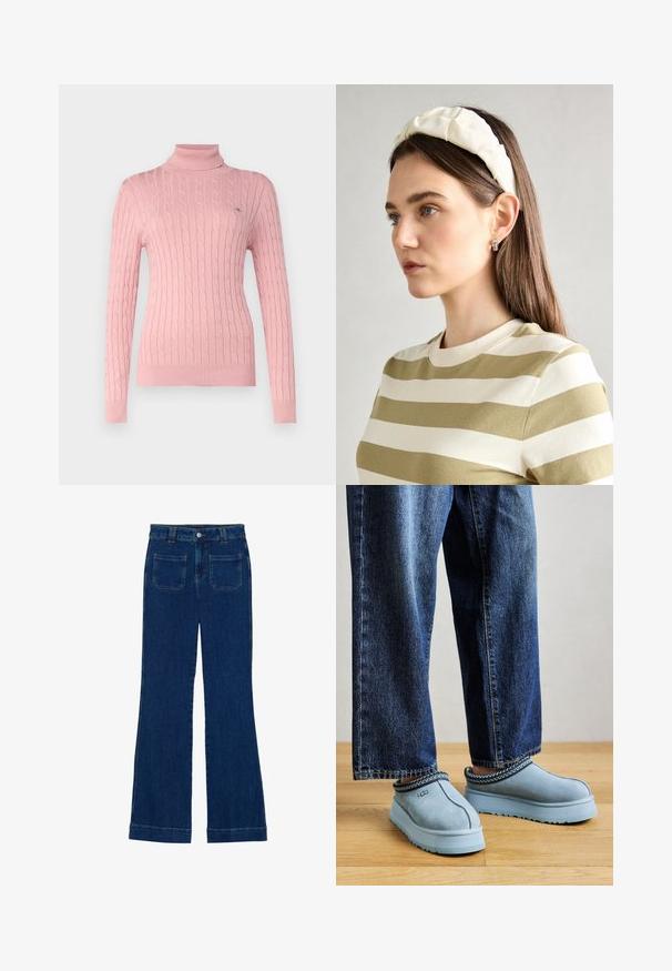GANT TURTLENECK - Pullover - dusty pink; Jean flare en denim bleu foncé avec une texture lisse, design à cinq poches et fermeture à bouton à la taille.; Chaussures UGG en daim bleu à enfiler avec des semelles épaisses, portées avec un jean bleu sur un sol en bois, sur fond uni.; Un bandeau en créme rembourré avec un design torsadé, associé à une chemise rayée beige et blanche à col rond. Accent de bijoux discrets.