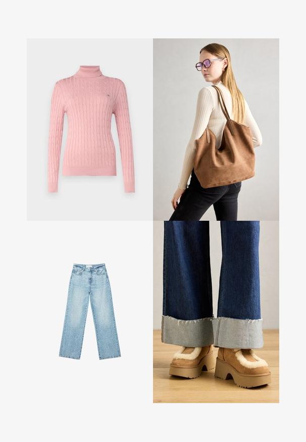 GANT TURTLENECK - Strickpullover - dusty pink; Helle blaue Denim-Jeans mit weitem Bein und hoher Taille, im lässigen Look mit einem ausgewaschenen Finish und kleinen, verstreuten Used-Effekten.; Braune Wildleder-Plateau-Stiefel mit cremefarbener Fellfütterung, kombiniert mit weiten Denim-Hosen mit fransigen Säumen und einem helleren Denim-Bündchen.; Braune Wildleder-Tasche mit weicher Textur, großer Öffnung und langen Trägern. Sie verfügt über ein simples Design mit sichtbarem Stich und ohne Beschläge.