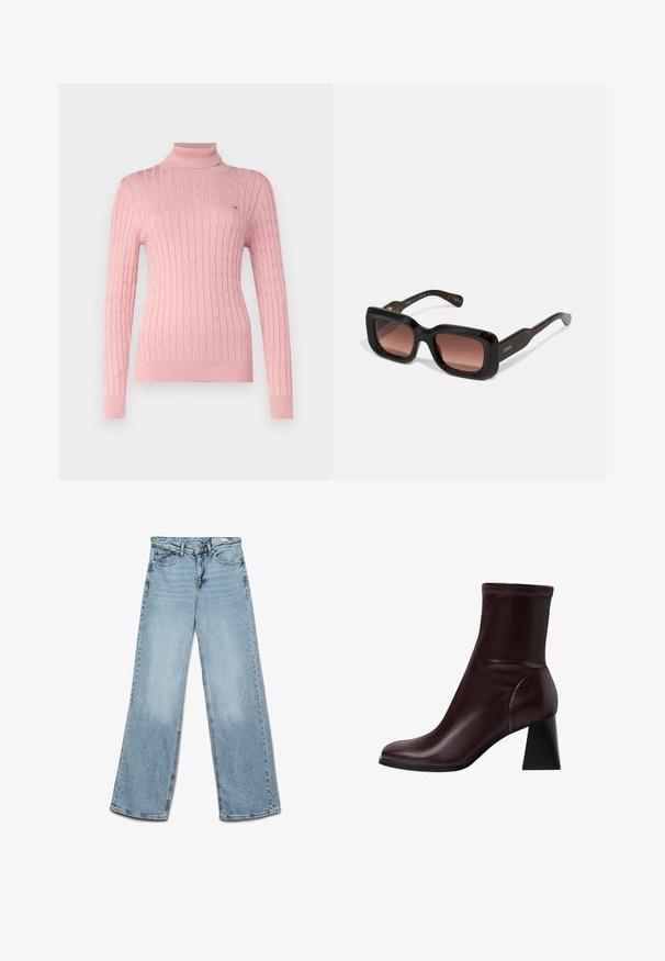 GANT TURTLENECK - Trui - dusty pink; Lichtblauwe wijde jeans van denim, met een klassiek vijf-pocket ontwerp en een rechte snit met minimale vervaging op de benen.; Stradivarius BLOCK - Korte laarzen - dark red; Rechthoekige zonnebrillen met een donker schildpadmotief frame, gradient bruine lenzen en gouden branding op de slapen. Gladde textuur, gedurfd ontwerp.