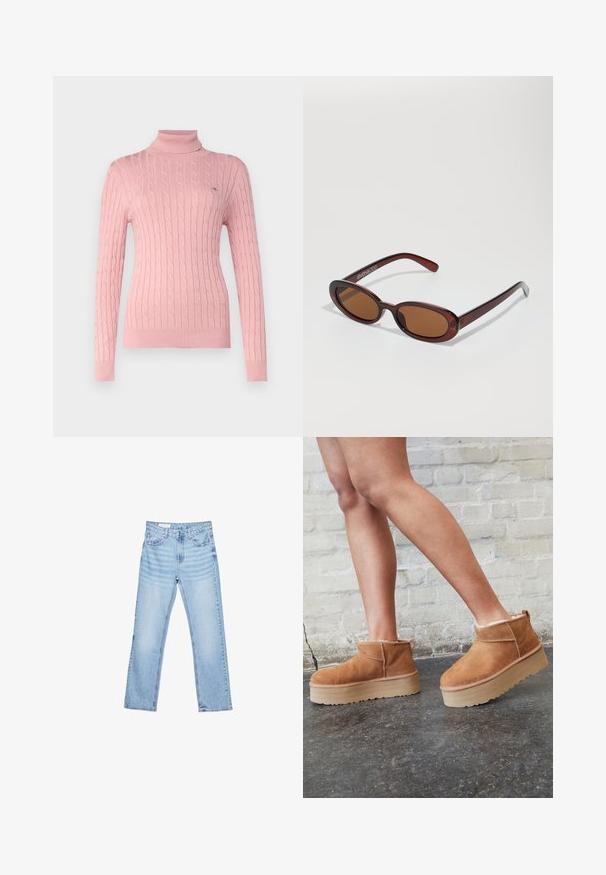 GANT TURTLENECK - Vesta - dusty pink; Svijetloplave traperice ravnog kroja, s dizajnom od pet džepova i vidljivim šavovima. Srednji struk s klasičnim zatvaranjem na gumb i patentni zatvarač.; Smeđi antilop čizmi do gležnja s mekanim postavljanjem, debljim bež platformski potplat i stražnjim povlačnim trakama. Teksturirana površina s vidljivim šavovima.; Okvir okruglih, smeđkastih sunčanih naočala s sjajnim burgundskim okvirom. Uski nositelji s suptilnim brendiranjem. Ravna leća.; Crna prošivena torba s zlatnim trokutastim logotipom, s dvostrukom lančanom naramenicom i glatkom kožnom teksturom. Pravokutnog je oblika s preklopom.