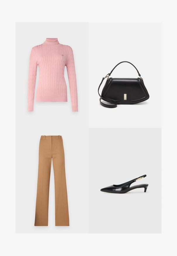 GANT TURTLENECK - Pulover - dusty pink; HUGO HULANA - Pantaloni chino - open brown; Sandale slingback din piele neagră cu vârf ascuțit, având un toc subțire și un accent de culoare aurie pe curea ajustabilă. Textură netedă.; Geantă de umăr din piele neagră, cu un design structurat, având o formă tăiată, mânere superioare și accente din aur. Include o curea de umăr ajustabilă.