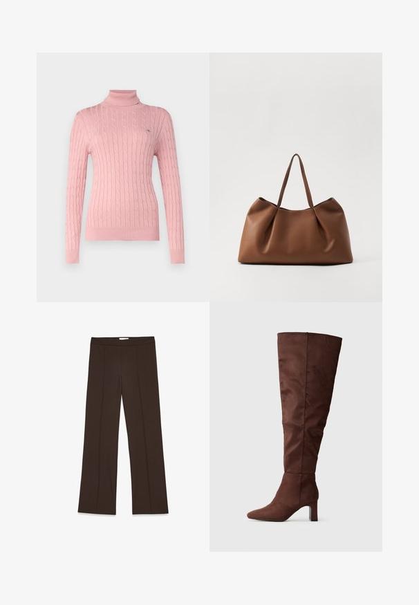 GANT TURTLENECK - Jumper - dusty pink; Brown, wide-leg trousers made of smooth fabric; features front pleats and a standard waistband. Minimalist design with no visible fasteners.; Brown knee-high boot made of soft suede-like material. Features a pointed toe and a stacked heel for stability. Smooth, matte finish.; Brown leather tote bag with a soft, curved design, featuring a pleated texture and two sturdy handles. Minimalist stitching accents.