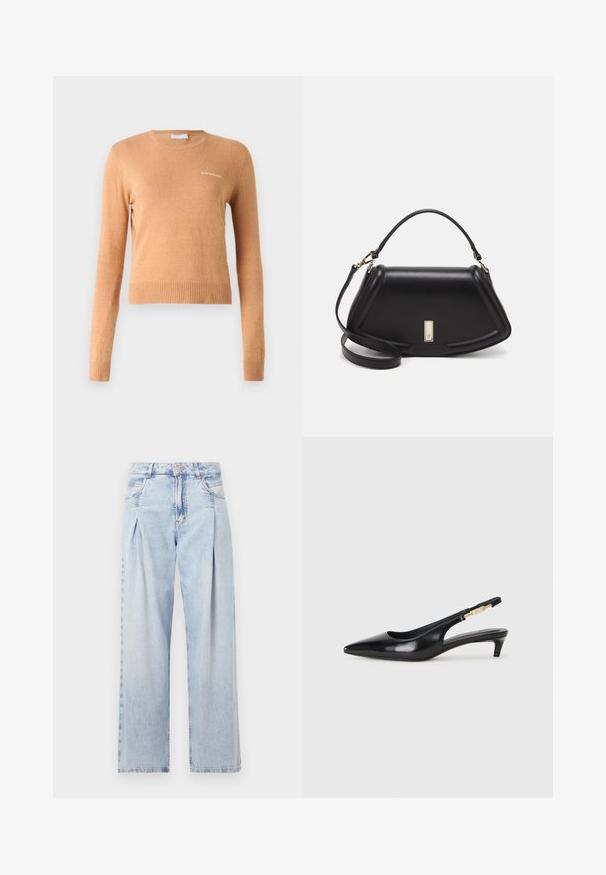 Kerge pruun pikkade varrukatega sviiter, millel on ribatud allserv ja mansetid, ning väikese valge logoga rinnal. Pehme, sile tekstuur.; Heledad sinise denimist valmistatud teksapüksid kõrge vöökohaga, laia jala lõikega, kahe külje taskuga ja pleedi disainiga. Pehme tekstuur ja pleekinud viimistlus.; Mustad nahast slingback kontsad terava ninaga, millel on õhuke konts ja kuldse tooni aktsent reguleeritaval rihmal. Sile tekstuur.; Must mustrist käekott, millel on struktureeritud disain, lühendatud kuju, ülemine käepide ja kuldne metallist detail. Reguleeritav õlalihm on kaasas.