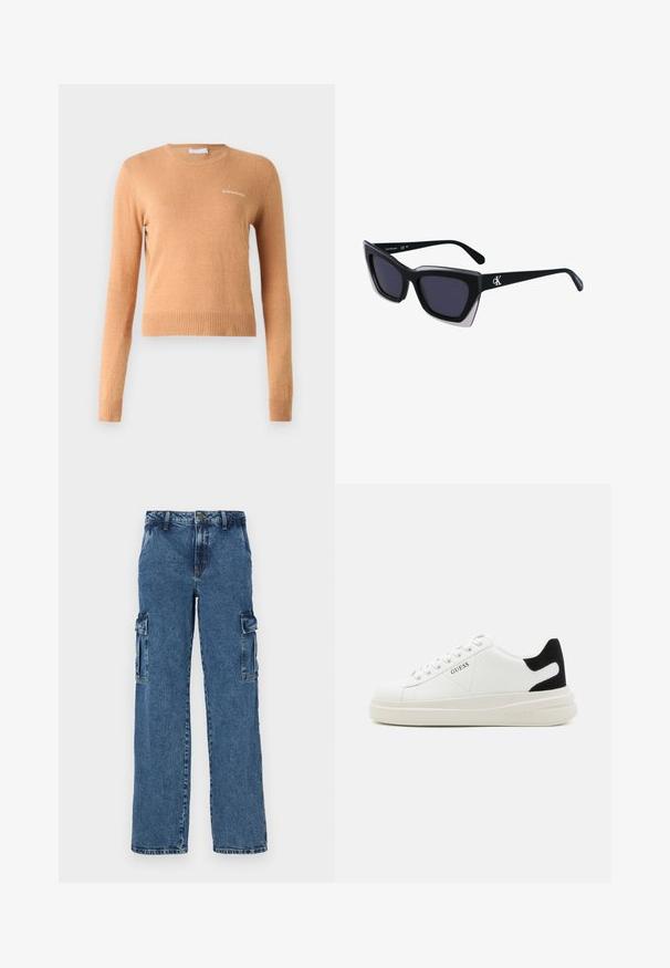 Long-sleeve sweater in light brown, featuring a ribbed hem and cuffs, with a small white logo on the chest. Soft, smooth texture.; Blue denim cargo pants with a relaxed fit, featuring two side pockets, reinforced stitching, and a straight leg design.; White leather sneakers with a thick white sole, black suede heel accent, and embossed logo on the side. Laced design with six eyelets.; Black oversized sunglasses with a geometric shape, featuring dark lenses and a contrasting grey detail on the frame. Logo on the arm.