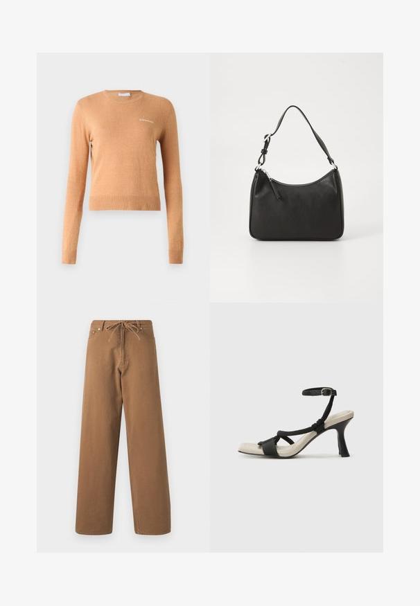 Lange mouwen sweater in lichtbruin, met een geribde zoom en manchetten, en een klein wit logo op de borst. Zachte, gladde textuur.; Paarse wijde broek gemaakt van katoen, met een verstelbare tailleband en twee voorzakken. Geweven stof met een gladde afwerking.; Zwarte hoge hak sandaal met een gevlochten bandontwerp, vierkante teen en verstelbare enkelband. Lichtbeige voetbed met een glanzende zwarte hak.; Zwarte leren handtas met een gebogen vorm, een enkele schouderband, ritsluiting en subtiele branding aan de voorkant. Glad textuur, minimalistisch ontwerp.