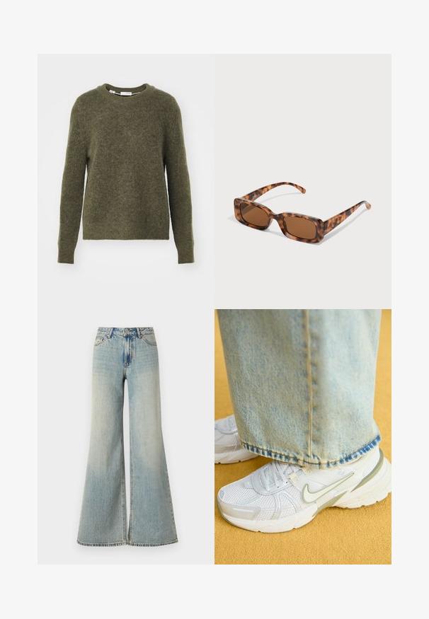 Olive zaļš džempers, kas izgatavots no mīksta dzijas materiāla. Tam ir apaļa kakla izgriezums, garas piedurknes un brīva piegriezuma forma ar ribotām piedurknēm un apakšmalu.; Gai zili platās kājas džinsi ar augstu jostasvietu, ar izbalējušu apdari, priekšējām kabatām un mazu šķēlumu kāju apakšā.; Balti sporta apavi ar sieta augšdaļu, zaļiem akcentiem, teksturētu zoli, kopā ar gaiši ziliem džinsiem ar saplēstu malu.; Tortoiseshell saulesbrilles ar taisnstūrveida brūniem stikliem, biezs rāmis un plānas kājas ar dažādu brūnu toņu rakstu.