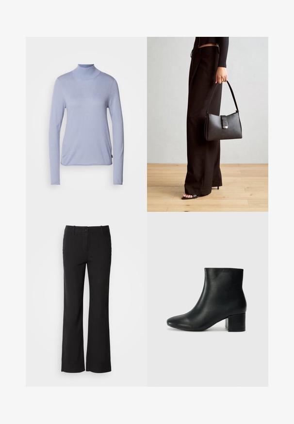 Light blue long-sleeve turtleneck top made of soft fabric, featuring a fitted design and a smooth texture. Minimalist style with no patterns.; Black cotton blend trousers with a straight-leg design, front button closure, and two side pockets. Smooth texture, no visible patterns.; Black leather ankle boots with a pointed toe and a chunky heel. Smooth texture with minimal accents and a sleek, fitted design.; Black handbag with structured shape, smooth texture, and a metallic clasp. Paired with wide black pants and open-toe sandals on wooden floor.