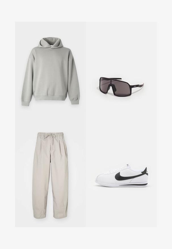 Világosszürke kapucnis pulóver laza fazonnal, túlméretezett kapucnival, hosszú ujjakkal, bordás mandzsettákkal és aljjal. Simább anyag minta vagy díszítés nélkül.; Beige, könnyű nadrág, rugalmas derékkal és zsinórral. Ráncokkal és laza szabással rendelkezik, puha, sima anyagból készült.; Fehér bőr sportcipők fekete Nike swoosh-szal, lapos fűzős rögzítéssel és texturált gumitalppal. Lekerekített orr és párnázott boka rész a kényelem érdekében.; Fekete téglalap alakú napszemüveg sötét lencsékkel, széles kerettel és karcsú fekete szárakkal. A templikon logó található. Simább textúra.