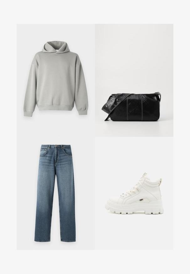 Haut en gris clair avec une coupe décontractée, une capuche surdimensionnée, des manches longues et des poignets et un ourlet côtelés. Tissu lisse sans motifs ni accents.; Jean en denim bleu à jambe droite avec un délavage, présentant un design à cinq poches, un bouton en métal et des passants de ceinture. Tissu structuré de poids moyen.; Baskets blanches montantes à la cheville avec une finition texturée, semelle en caoutchouc épaisse et col rembourré. Elles présentent un design à lacets et un accent de logo.; Sac à épaule en cuir noir avec une fermeture éclair, doté d'un corps texturé, de coutures blanches et d'une sangle avec des œillets en argent.