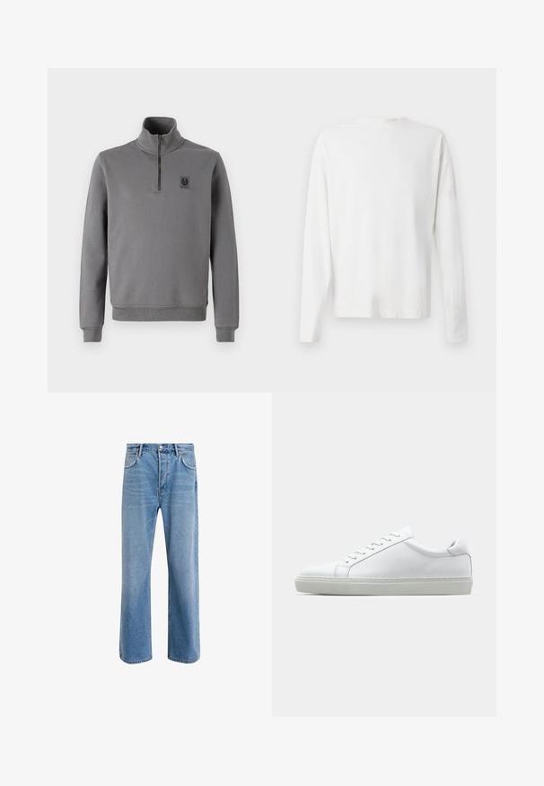 Siv pulover s kapuco in visokim ovratnikom, spredaj s pol-zadrgo, z rebrastimi manšeti in robom, ter majhnim logotipo patchom na prsih. Mehak teksturiran material.; Bela bombažna srajca z dolgimi rokavi in okroglo ovratnikom, z bočnimi razporki na dnu in gladko teksturo, prikazana s hrbtne strani.; Svetlo modre denim kavbojke s ravno nogavico, petimi žepi, z gumbom za zapiranje, minimalnim zbledelostjo in kontrastnimi šivi.; Bela športna obutev z gladkim usnjenim zgornjim delom in nizkim profilom. Ima zaokrožen nos, šest lukenj za vezalke in teksturiran gumijast podplat.