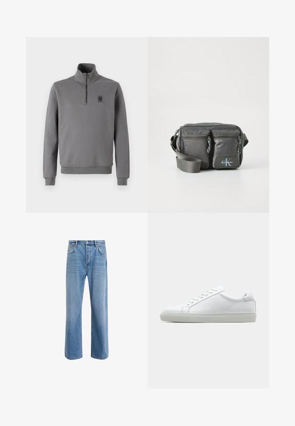 Šedý svetr s vysokým límcem, polovičním zipem na přední části, žebrovanými manžetami a lemem, a malou nášivkou s logem na hrudi. Měkká textilie.; Světle modré džínové kalhoty s rovnými nohavicemi, pěti kapsami, zapínáním na knoflík, minimálním vyblednutím a kontrastním prošitím.; Bílé tenisky s hladkým koženým svrškem a nízkým profilem. Mají zaoblenou špičku, šest nýtů a texturovanou gumovou podrážku.; Šedá nylonová crossbody taška s dvěma zipovými předními kapsami, nastavitelným popruhem a logem. Hladká textura s moderním designem.