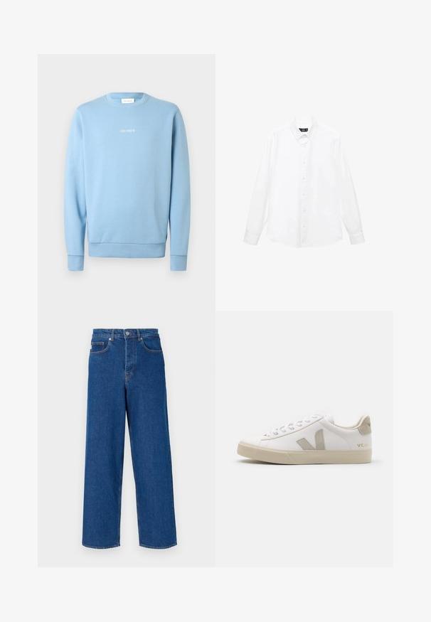 Hellblauer Pullover aus weichem Stoff mit Rundhalsausschnitt, gerippten Bündchen und dem weißen Schriftzug "LES DEUX" auf der Brust.; Weißes langärmliges Hemd mit Button-Down-Kragen, Knöpfen vorne, geradem Saum und weichem Baumwollstoff. Minimalistisches Design ohne Muster.; Weite blaue Jeans aus Denim mit hoher Taille, Fünf-Taschen-Design und Kontrastnähten entlang der Nähte und Taschen.; Weiße Ledersneaker mit beigen Akzenten, flacher Gummisohle, runder Zehenpartie und kontrastierendem Logo an der Seite und Rückseite. Mit Schnürdesign.