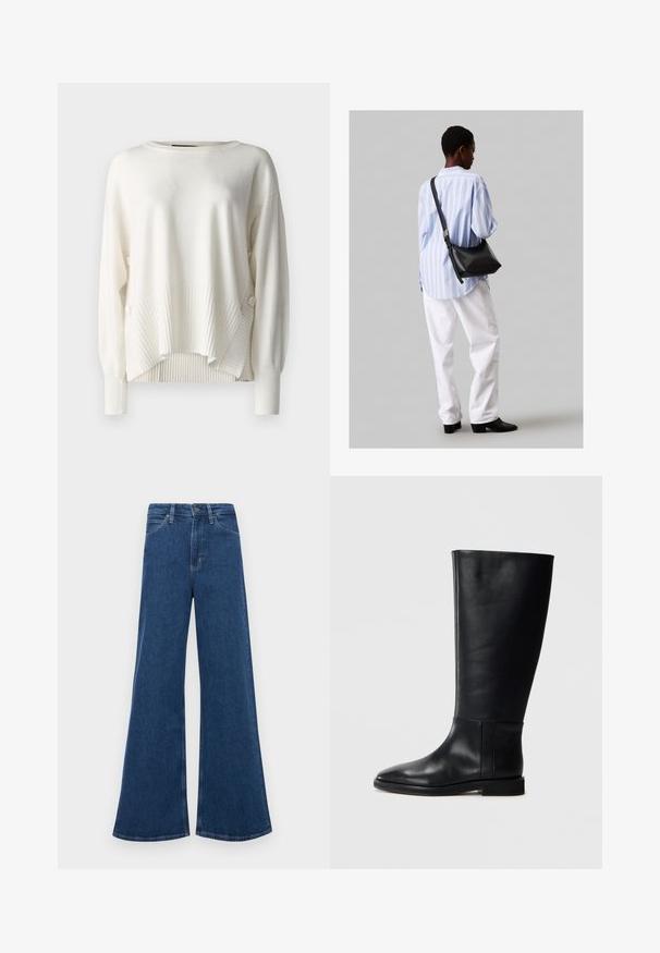 Fehér pulóver laza szabással, bordás textúrával az alján és a rövidujjakon, valamint díszgombokkal az oldalon. Puha anyag, kerek kivágás.; Kék farmerből készült, bővülő szárú, magas derekú farmernadrág, öt zsebbel, gombos záródással és kontrasztos varrásokkal az összehúzott részeknél.; Fekete bőrből készült, térd fölé érő csizma, lekerekített orral, sima felülettel, minimalista dizájnnal és lapos talppal. Egyszerű varrási részletek a szárán.; Fekete bőr válltáska puha tapintással, háromszög alakú, állítható pánttal, világoskék csíkos inggel és fehér nadrággal párosítva.