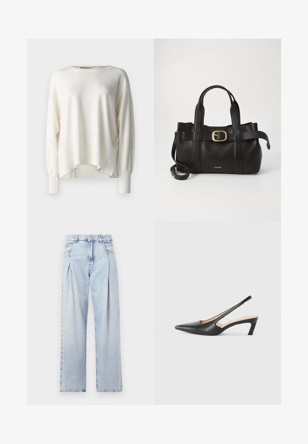 Weißer Pullover mit lässiger Passform, gerippter Textur am Saum und den Ärmeln sowie dekorativen Knöpfen an der Seite. Weicher Stoff, runder Ausschnitt.; Helle blaue Denim-Jeans mit hoher Taille, weitem Beinschnitt, zwei seitlichen Taschen und gefaltetem Design. Weiche Textur mit einem ausgebleichten Finish.; Schwarzer spitz zulaufender Slingback-Schuh mit niedrigem Absatz, der aus glattem Leder gefertigt ist und seitliche Ausschnitte für Atmungsaktivität aufweist.; Schwarze Lederhandtasche mit strukturiertem Design, doppelten oberen Griffen, goldfarbenem Schnallenakzent und geprägtem Markenlogo auf der Vorderseite.
