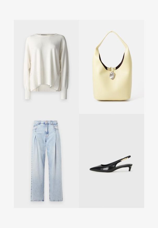 Pull blanc avec une coupe décontractée, texture côtelée en bas et aux manches, et boutons décoratifs sur le côté. Tissu doux, col rond.; Jeans en denim bleu clair avec taille haute, coupe large, deux poches latérales et design plissé. Texture douce avec une finition décolorée.; Talons hauts en cuir noir avec un bout pointu, dotés d'un talon fin et d'un accent en ton or sur la lanière réglable. Texture lisse.; Sac hobo en cuir jaune doux avec une forme arrondie. Doté d'une finition lisse, d'une doublure intérieure sombre et d'un accent argenté au niveau de la fermeture.