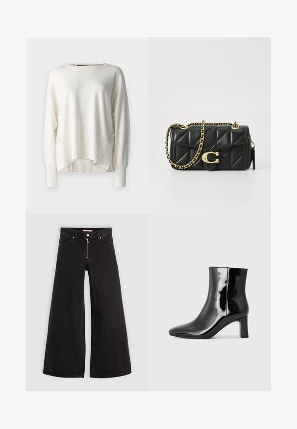 Biały sweter o luźnym kroju, z prążkowaną strukturą na dole i rękawach oraz ozdobnymi guzikami z boku. Miękka tkanina, okrągły dekolt.; Jeans o szerokich nogawkach w czarnym denienie z zamkiem błyskawicznym z przodu, pięcioma kieszeniami i subtelnymi detalami przeszycia. Gładka tekstura i swobodny styl.; Czarne lakierowane botki za kostkę z wysmukłym noskiem i średniej wysokości obcasem w kształcie słupka. Gładka tekstura i minimalistyczny design.; Czarna pikowana skórzana torebka z złotym łańcuszkiem i zapięciem na toggle, z okrągłym akcentem. Kompaktowy prostokątny kształt.