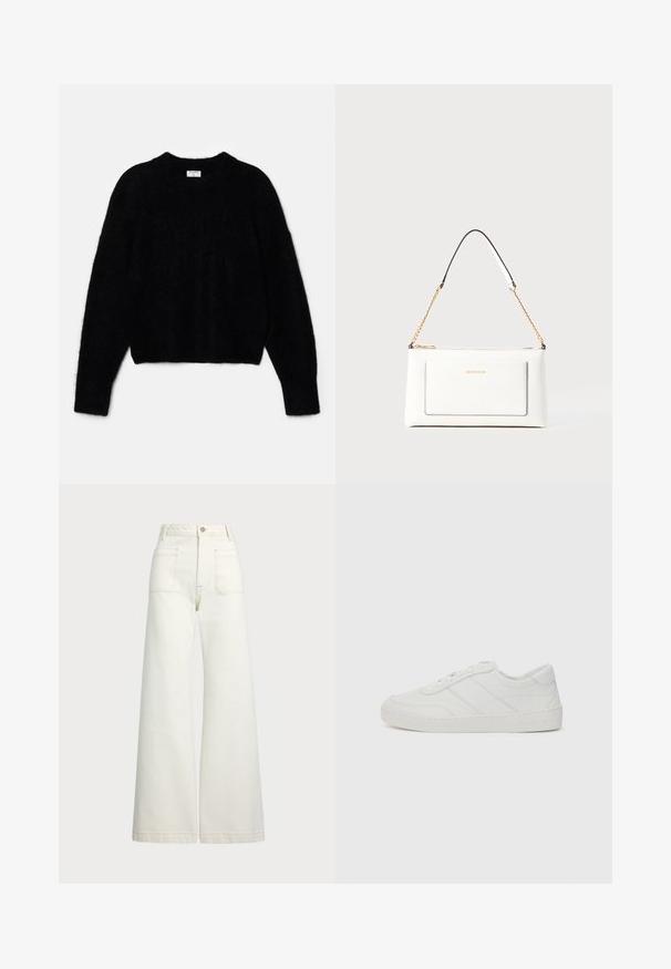 Czarny skrócony sweter z puszystego materiału. Posiada okrągły dekolt i długie rękawy o miękkiej fakturze. Minimalistyczny design, bez wzorów.; Spodnie dżinsowe o szerokich nogawkach w odcieniu off-white. Wysoki stan z zapięciem na guzik, dwiema kieszeniami z przodu i detalami z kontrastowym przeszyciem.; Białe skórzane sneakersy z płaskimi sznurowadłami, zaokrąglonym czubkiem i subtelnymi detalami w postaci przeszyć. Charakteryzują się teksturowaną podeszwą oraz wytłoczonym logo marki na pięcie.; Biała skórzana torebka o teksturowanym wykończeniu, z złotą łańcuszkową rączką i czarnymi akcentami. Zawiera przednią kieszeń oraz zamek błyskawiczny.