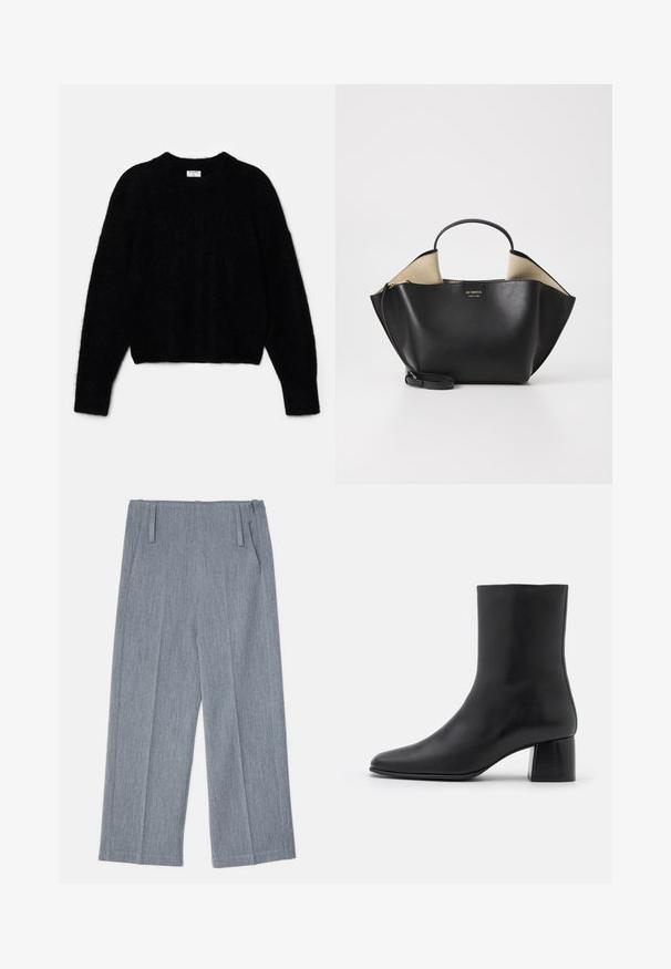 Juodas trumpas megztinis, pagamintas iš pūkuotos medžiagos. Savybės: apvalios iškirpės ir ilgomis rankovėmis su švelniu tekstūru. Minimalistinis dizainas, be raštų.; Šviesiai pilkos, plačios kojų kelnės, pagamintos iš tekstūruoto audinio, su dviem priekinėmis klostėmis ir dviem šoninėmis kišenėmis. Tvarkingas, tikslais pritaikytas dizainas.; Juodas odinis kulkšninis botas su smailiu pirštu ir masyviu kvadratiniu kulnu. Lygus paviršius be siūlių ir minimalizmu išsiskiriantis dizainas.; Ree Projects ANN TOTE MINI - Rankinė - black